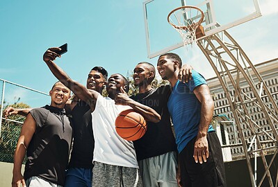 Buy stock photo Basketball selfie, black people team for game, competition or outdoor social media post update on blue sky mock up. Influencer sports group of men using phone or cellphone for portrait digital memory