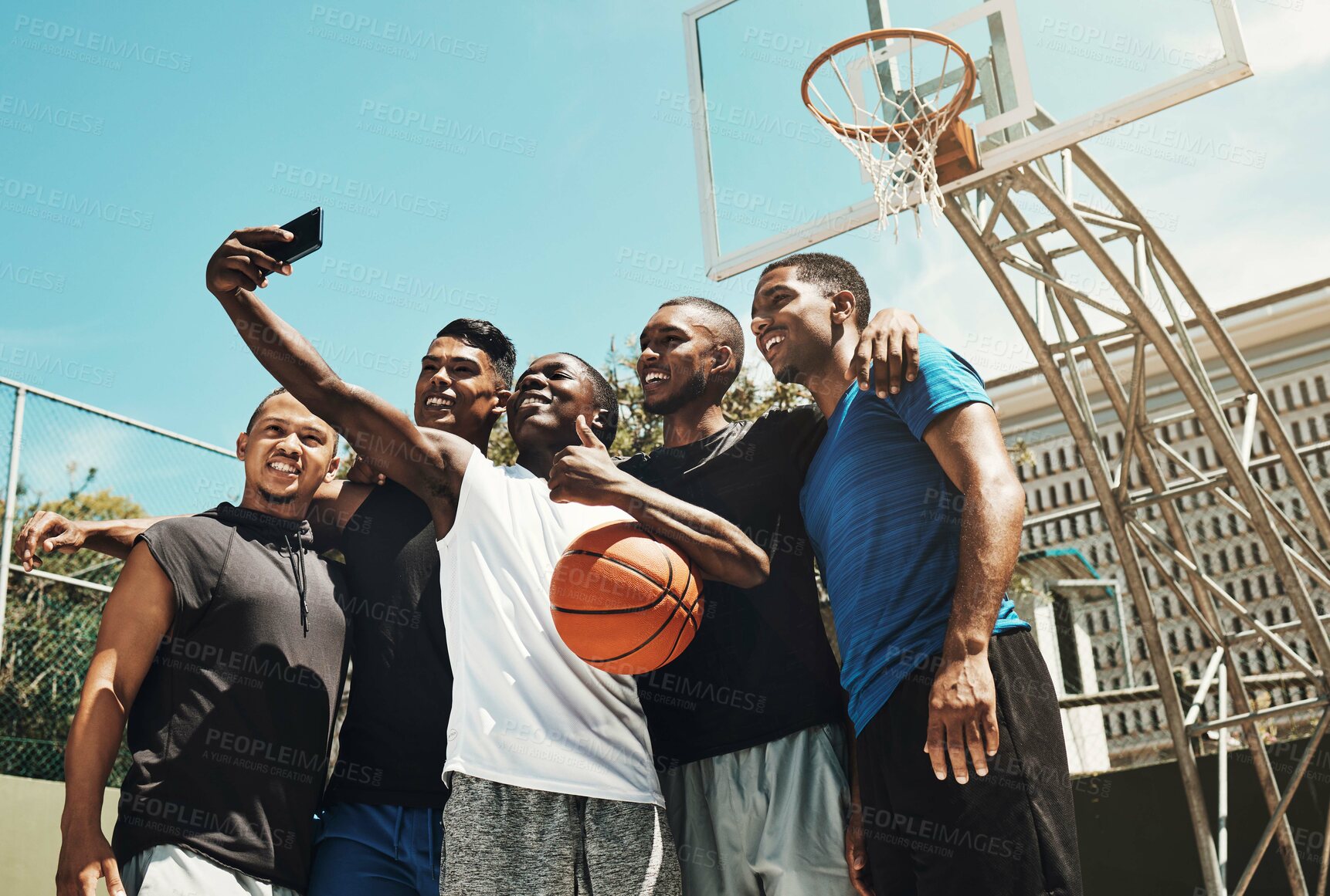 Buy stock photo Basketball selfie, black people team for game, competition or outdoor social media post update on blue sky mock up. Influencer sports group of men using phone or cellphone for portrait digital memory