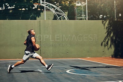 Buy stock photo Young black man, basketball fitness outdoor training and running on court. Athletic sport wellness exercise, healthy lifestyle vision and professional player train for competition in sports park

