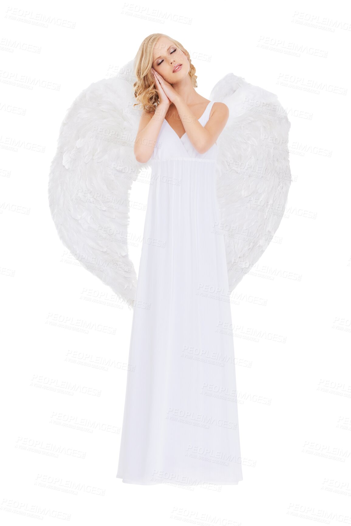 Buy stock photo Beauty, prayer and woman with angel wings in heaven isolated on transparent background for religion. Holy, faith or peace and confident young model in feather costume for spiritual belief on PNG