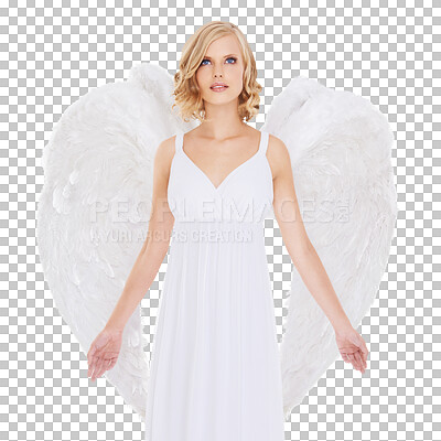 Buy stock photo Beauty, holy and woman with angel wings in heaven isolated on transparent background for religion. Fantasy, faith or pure and confident young model in feather costume for spiritual belief on PNG