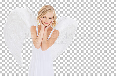 Buy stock photo Woman, beauty and angel fantasy in heaven isolated on transparent background for religion. Holy, faith or pure and confident young woman in costume with feather wings for spiritual belief on PNG