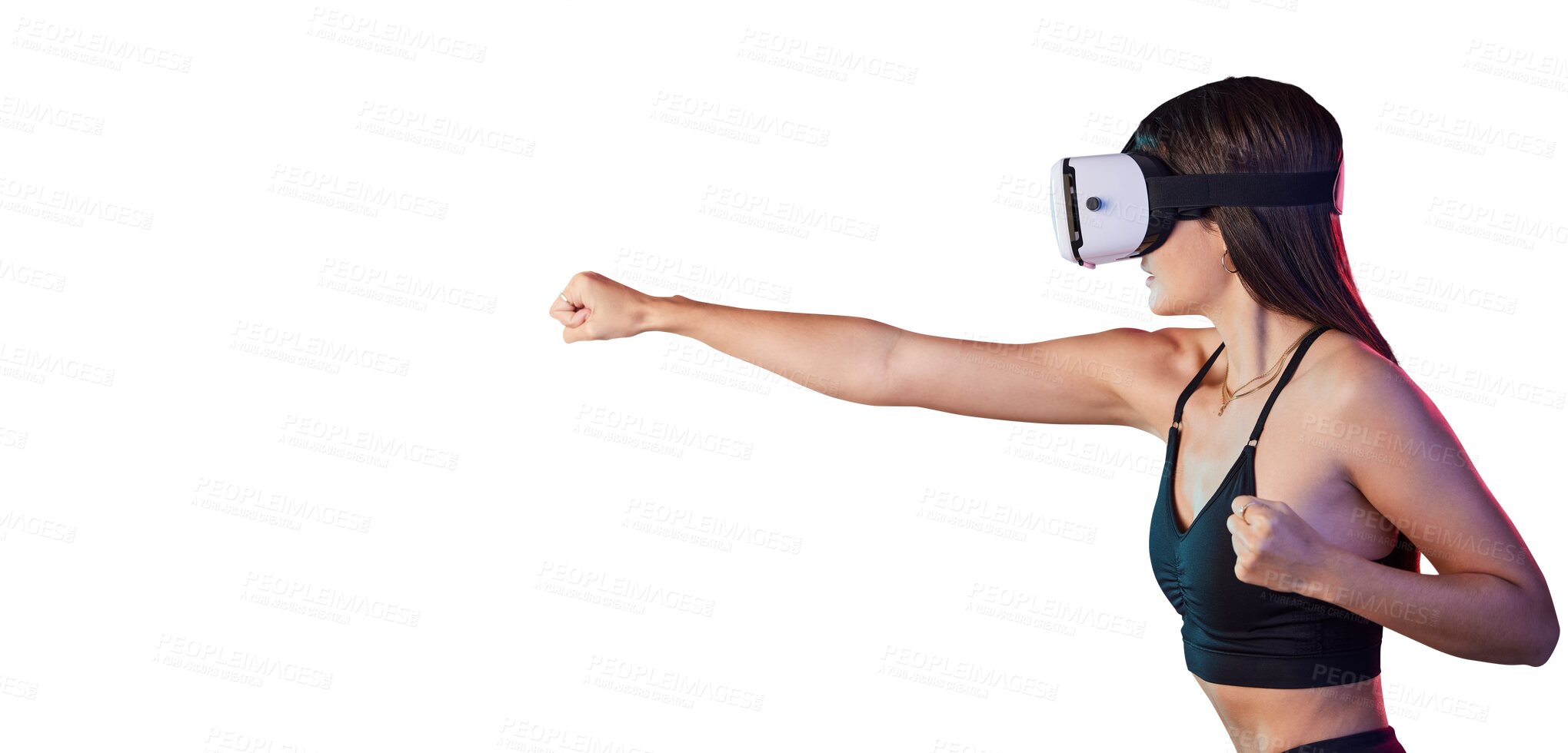 Buy stock photo Woman, boxing and goggles for virtual reality or futuristic exercise with innovation, online or tech. Female person, punch and metaverse gym or isolated transparent png background, workout or cardio