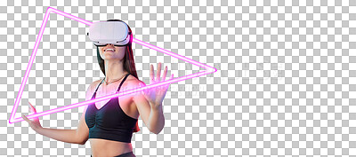 Buy stock photo Woman, goggles and virtual reality with hologram for futuristic gaming or metaverse, innovation or simulation. Female person, headset and isolated transparent png background, technology or fantasy