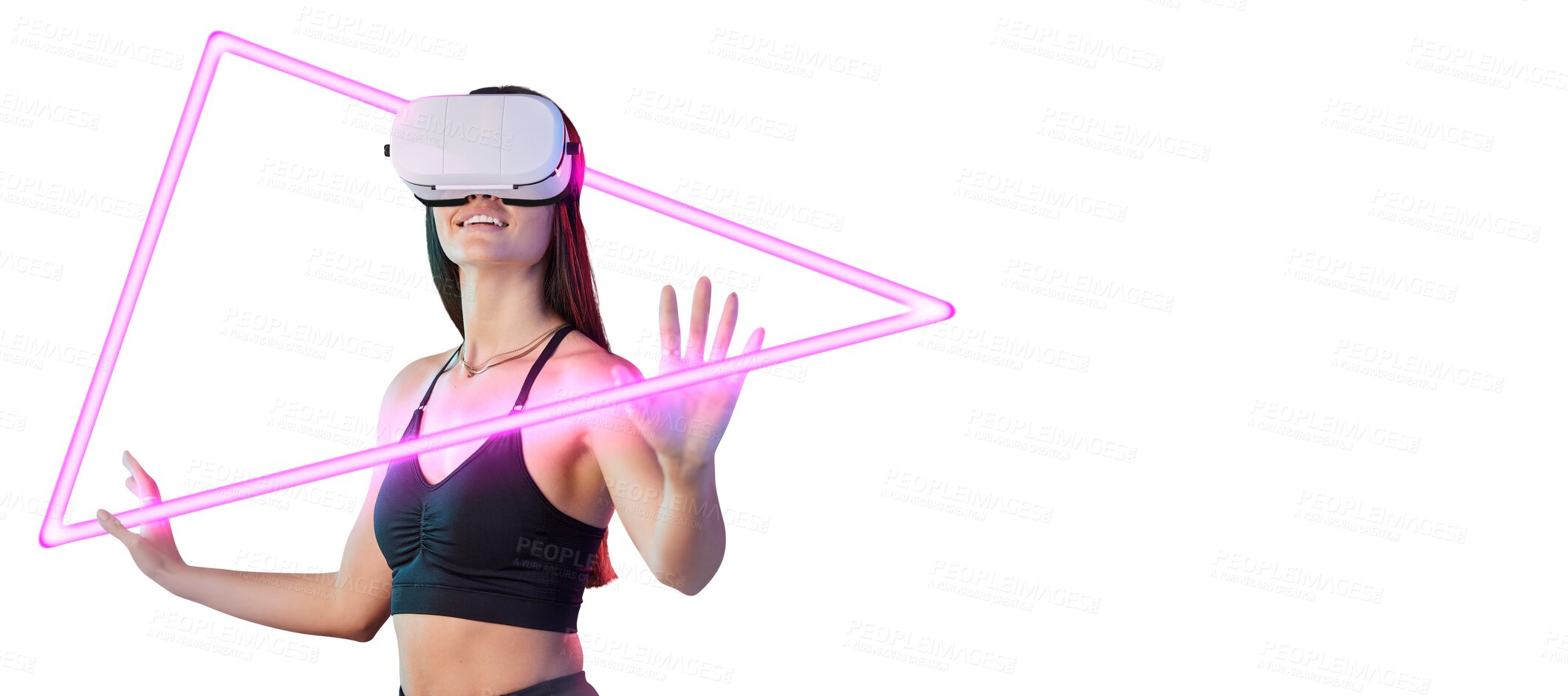 Buy stock photo Woman, goggles and virtual reality with hologram for futuristic gaming or metaverse, innovation or simulation. Female person, headset and isolated transparent png background, technology or fantasy