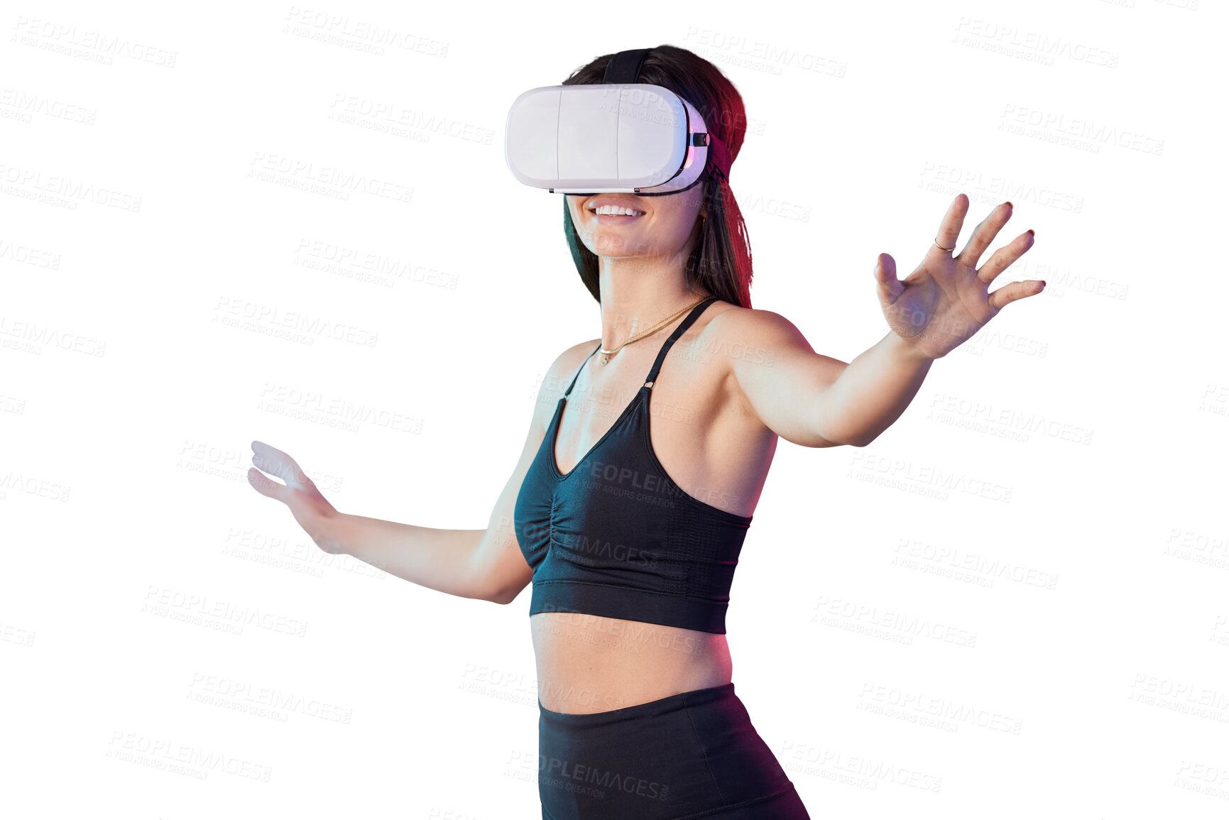 Buy stock photo Woman, fitness and virtual reality for metaverse gamer for futuristic simulation, workout or innovation. Female person, hands and headset on isolated transparent png background, software or exercise