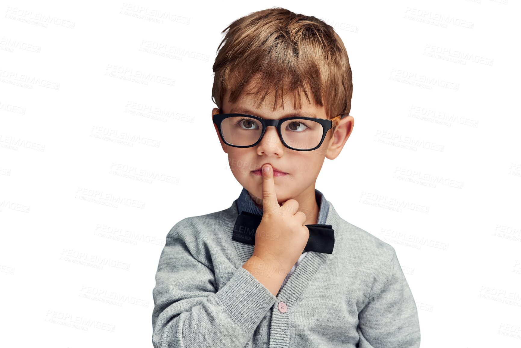 Buy stock photo Secret, young child or quiet in fashion with glasses or smart boy in trendy clothes for kindergarten. Kid model, face or geek for silent student for hush or isolated on transparent png background