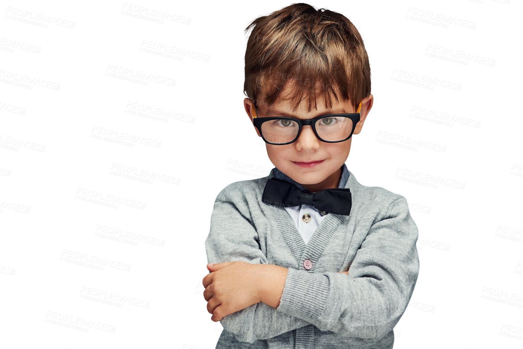 Buy stock photo Portrait, kids and arms crossed with boy in glasses isolated on transparent background for intelligence. Face, smart and eyewear with young geek or nerd on PNG for school, education or development
