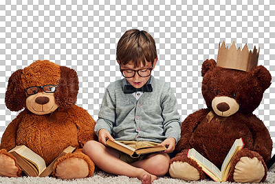 Buy stock photo Little boy, smart or reading a book by teddy bears, kindergarten or fun in learning and education. Young child, glasses or classic novel or fairytale by toys or isolated on transparent png background