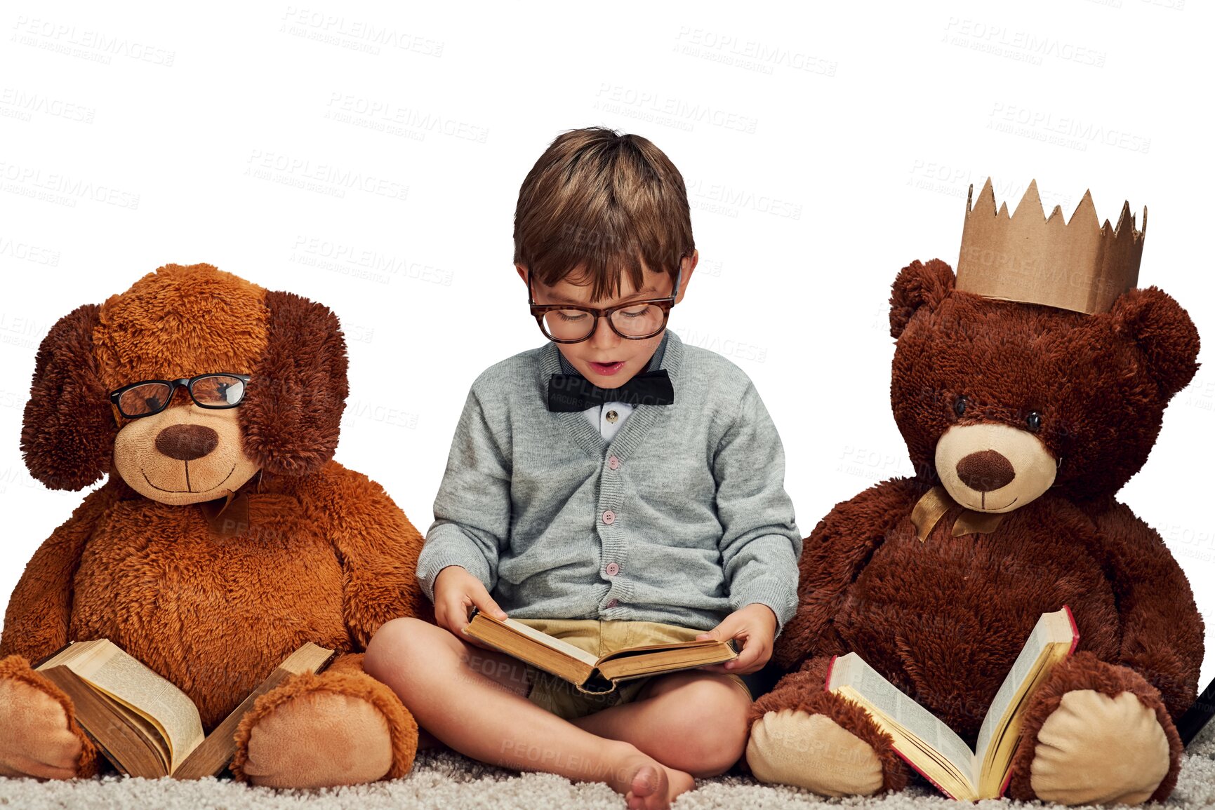 Buy stock photo Little boy, smart or reading a book by teddy bears, kindergarten or fun in learning and education. Young child, glasses or classic novel or fairytale by toys or isolated on transparent png background