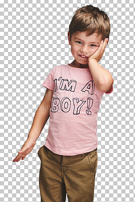 Buy stock photo Boy, fashion and portrait of child with shirt for gender equality isolated in transparent or png background. Pink, color and kid with happiness in casual style, outfit and print message on clothes