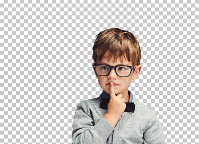 Buy stock photo Silent, young kid or thinking in fashion with glasses or smart boy in trendy clothes for kindergarten. Child model, finger or quiet student with secret, hush or isolated on transparent png background