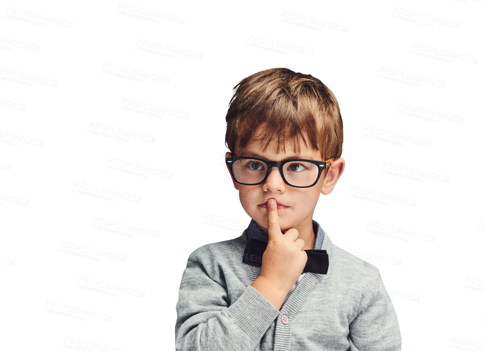 Buy stock photo Silent, young kid or thinking in fashion with glasses or smart boy in trendy clothes for kindergarten. Child model, finger or quiet student with secret, hush or isolated on transparent png background