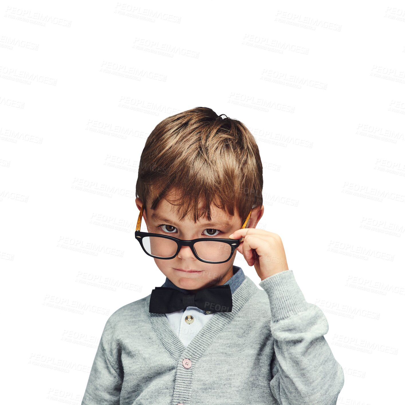 Buy stock photo Portrait, kids and nerd boy in glasses isolated on transparent background for intelligence. Face, smart and eyewear with confident young child geek on PNG for school, education or development