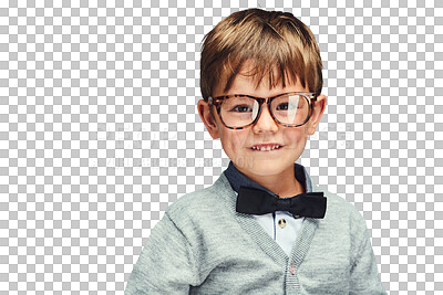 Buy stock photo Portrait, young kid or student in bowtie with glasses or confident boy in trendy clothes with fashion. Child, face or smile in style jersey for kindergarten or isolated on transparent png background
