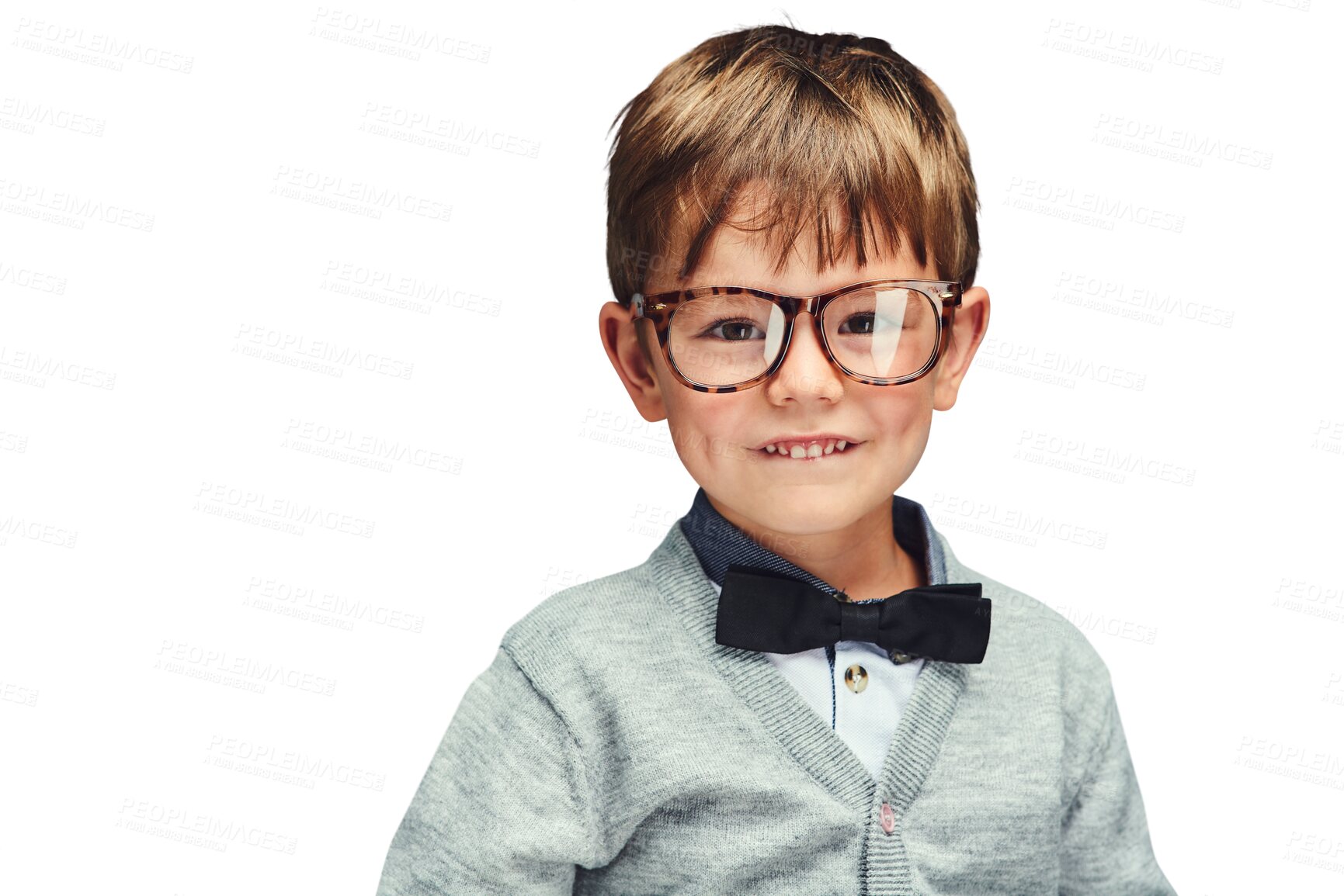 Buy stock photo Portrait, young kid or student in bowtie with glasses or confident boy in trendy clothes with fashion. Child, face or smile in style jersey for kindergarten or isolated on transparent png background
