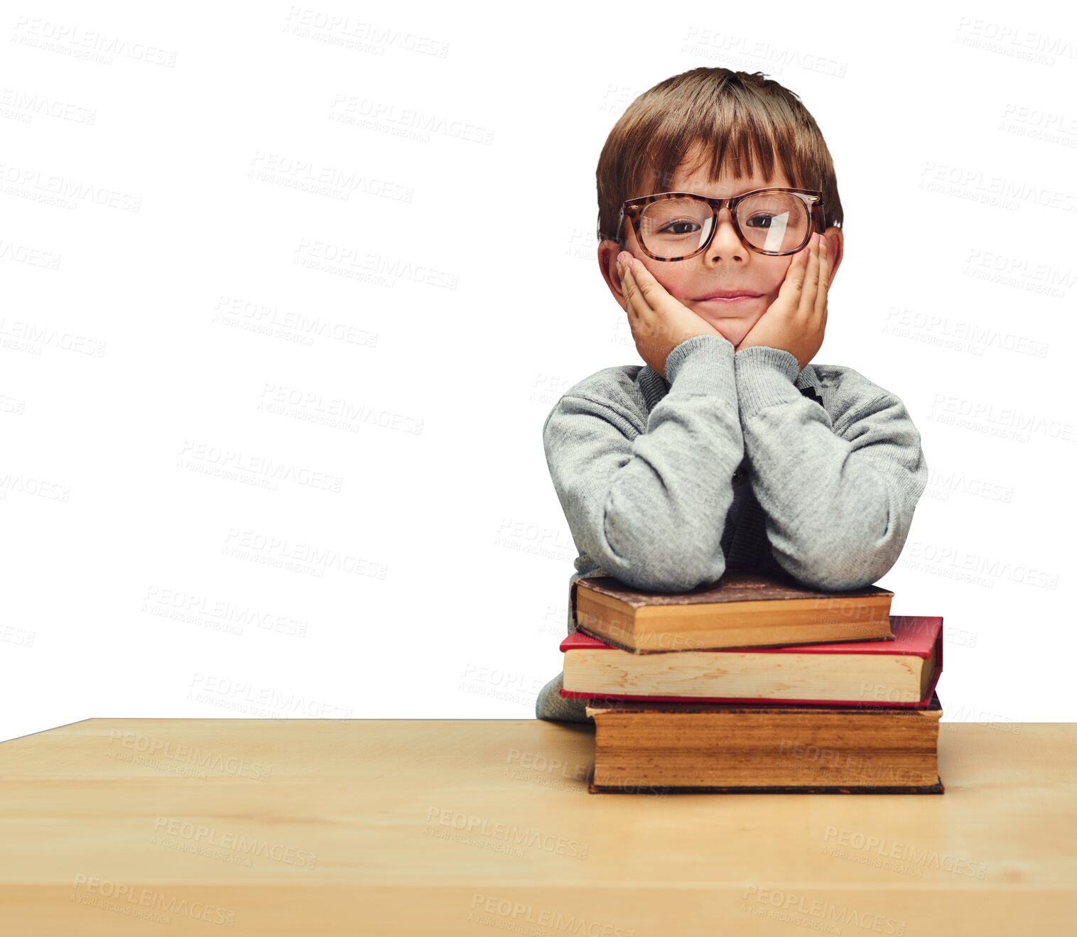 Buy stock photo Happy boy, portrait and student with glasses on books for learning or education on a transparent PNG background. Face of young male person, child geek or little nerd with smile and textbooks on table
