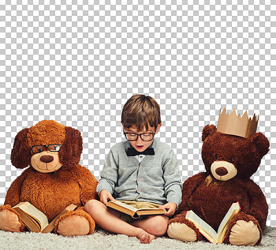 Buy stock photo Little boy, glasses and reading book by teddy bear for story, fairy tale or kindergarten on a transparent PNG background. Young child, youth or excited kid with toys for knowledge or literature novel