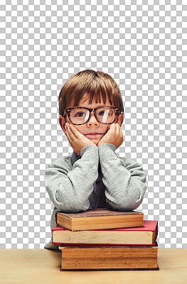 Buy stock photo Little boy, thinking and student with glasses on books for learning or education on a transparent PNG background. Face of young or smart male person, child geek or nerdy kid with textbooks on table