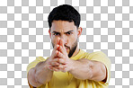 Finger gun, pointing and portrait of man in studio with aim for target, shooting and spy on blue background. Secret agent, mockup space and face of person with hand gesture for pistol or weapon