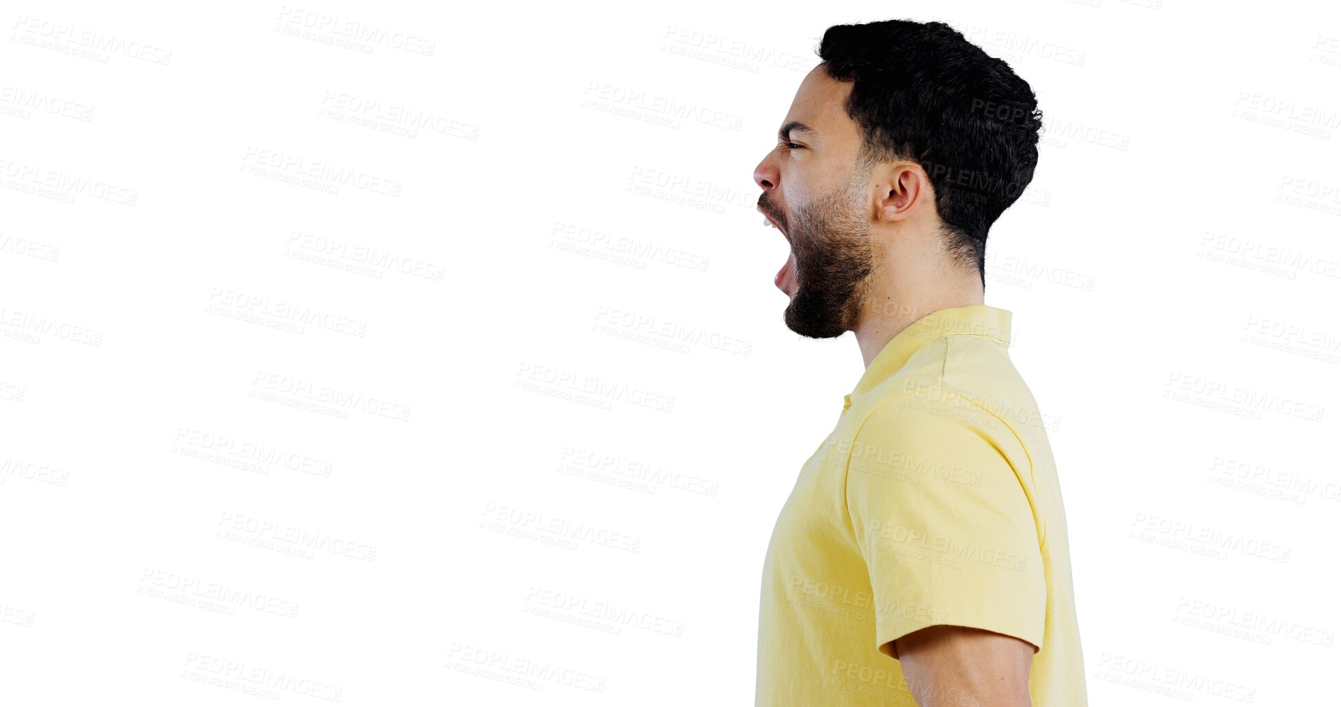Buy stock photo Man, angry and scream with stress or frustrated for crisis with conflict, mad emoji reaction and emotional. Mental health, indian model or shouting with anger isolated on png, transparent background