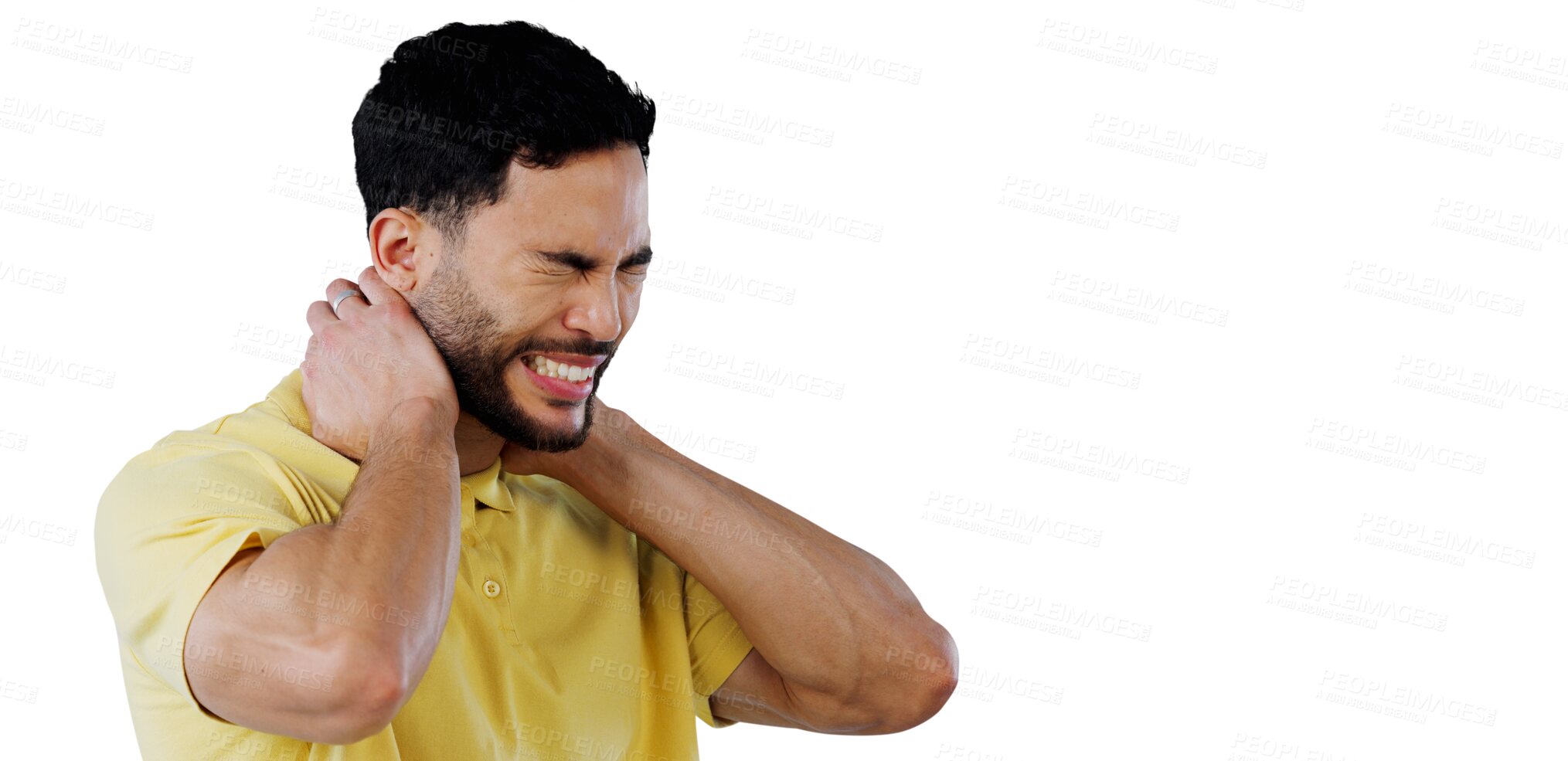 Buy stock photo Anxiety, burnout or frustration and neck pain man isolated on transparent background with fatigue. Stress, depression or mental health and tired young person on PNG with reaction to mistake or fail