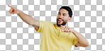 Man, pointing and offer in studio with hands to promotion, announcement or excited for deal in gray background. Banner, space or person show choice, decision and gesture to information or opportunity