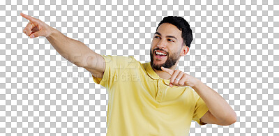 Buy stock photo Happy, man and hand pointing to deal announcement, sale or discount promo on isolated, transparent or png background. News, information and excited male customer show offer, presentation or platform
