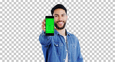 Buy stock photo Green screen, phone and portrait of happy man with mockup for news on isolated, transparent or png background. Smartphone, space and face of male person with app offer, deal or platform opportunity