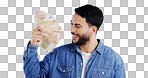 Man, money fan and smile in studio with thinking for financial freedom, goals and decision with success by background. Person, ideas and winner with bonus cash, revenue or excited for salary increase