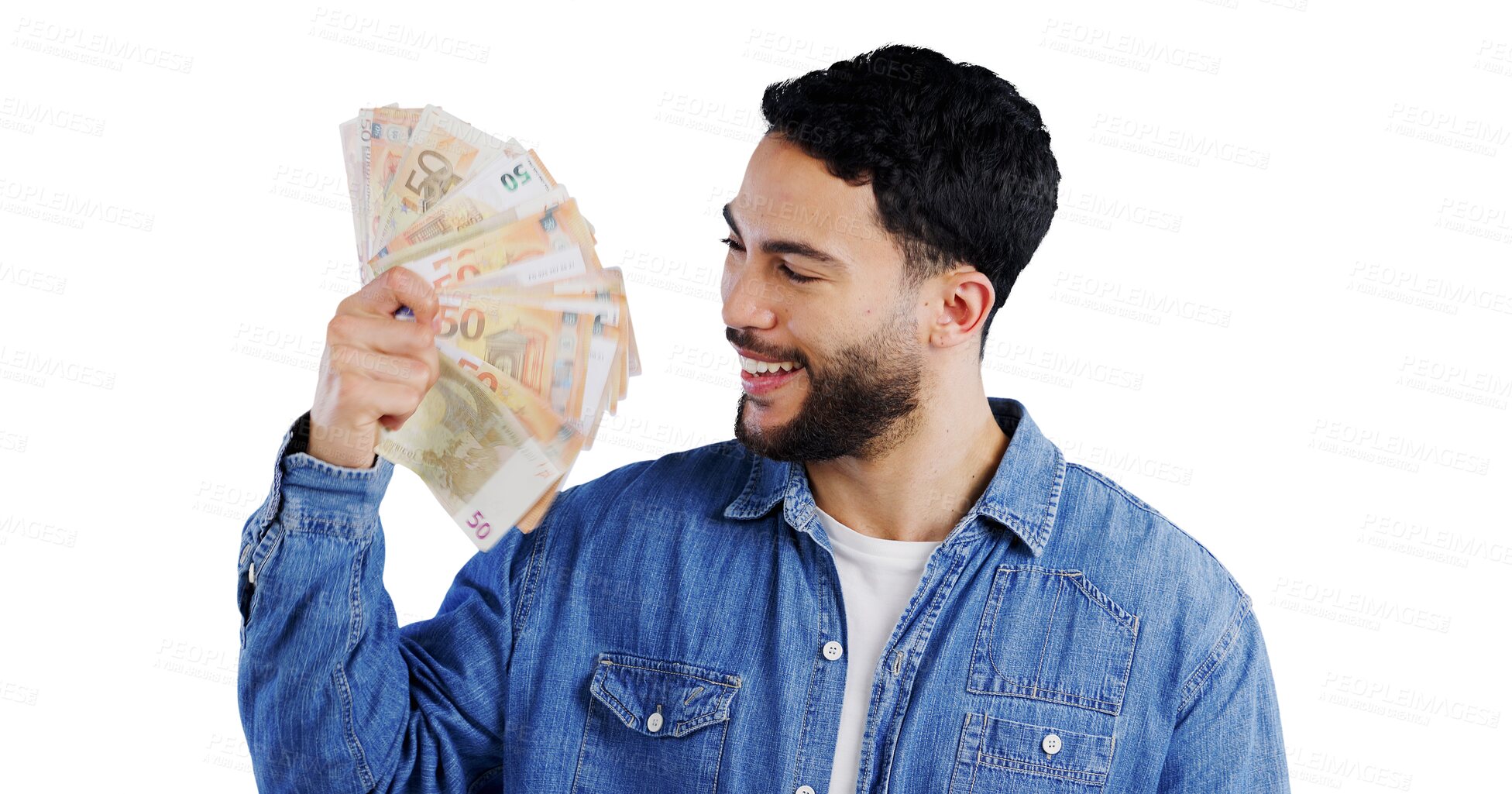 Buy stock photo Money fan, smile or man with financial reward, bingo or poker competition giveaway on isolated, transparent or png background. Cash, success or person happy for cashback, savings or investment growth