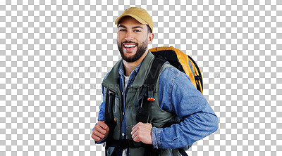 Buy stock photo Hiking, backpack or portrait of man with fitness journey on isolated, transparent or png background. Camping, travel or face of guy person trekking with freedom, vacation or wellness exercise holiday