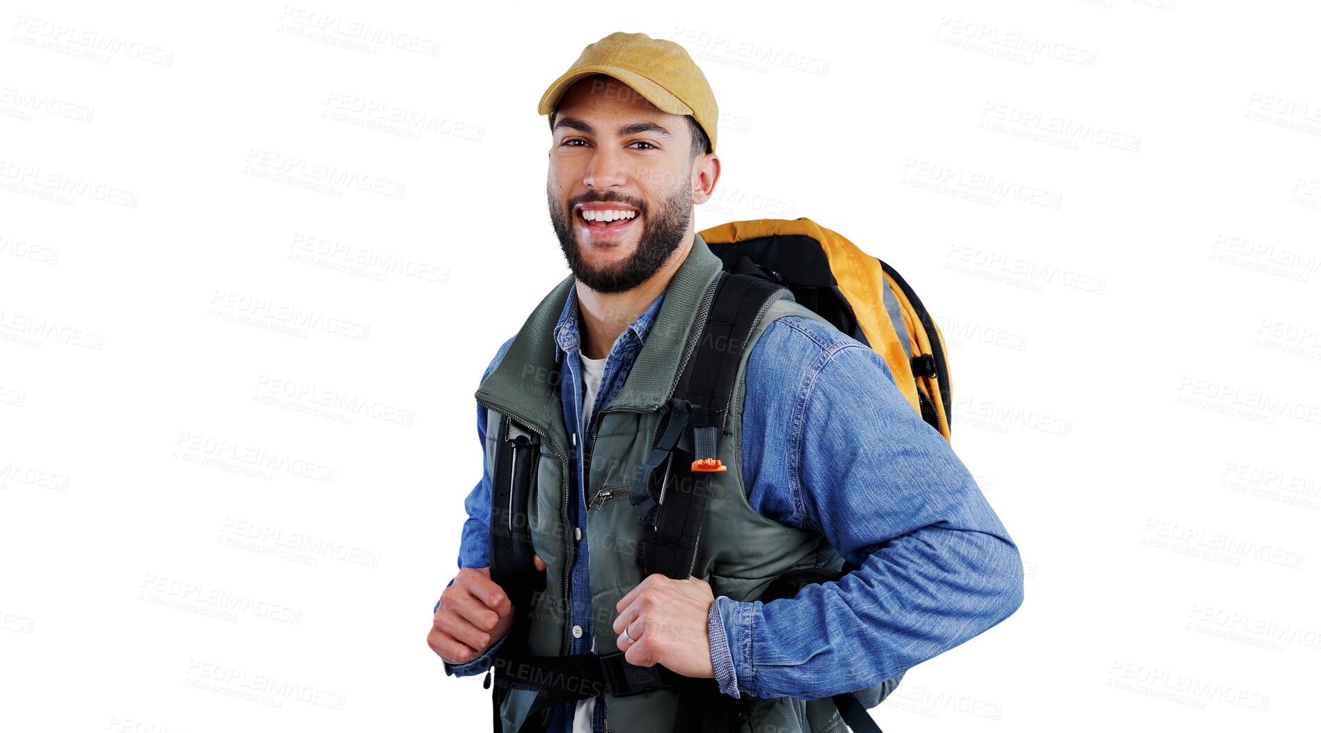 Buy stock photo Hiking, backpack or portrait of man with fitness journey on isolated, transparent or png background. Camping, travel or face of guy person trekking with freedom, vacation or wellness exercise holiday