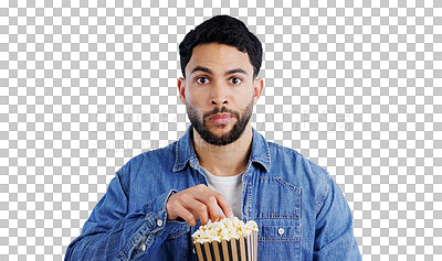 Buy stock photo Anxiety, portrait and man with popcorn for television, horror or thriller show on isolated, transparent or png background. Watching tv, face and male person with theater snack for scary film or movie