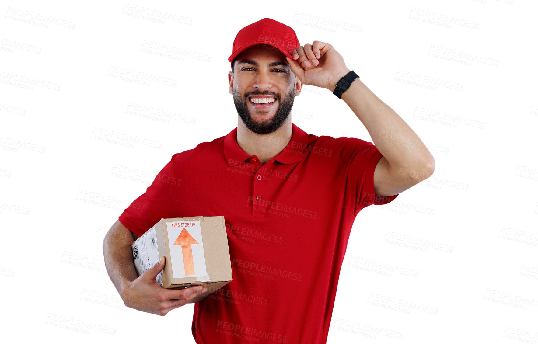 Buy stock photo Happy man, portrait and box with delivery for order, package or transportation on a transparent PNG background. Male person or courier guy with smile, hat and parcel for cargo or service in logistics