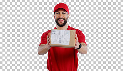 Buy stock photo Happy man, portrait and box with delivery for package, transportation or order on a transparent PNG background. Male person or courier guy with smile, hat and parcel for cargo or service in logistics