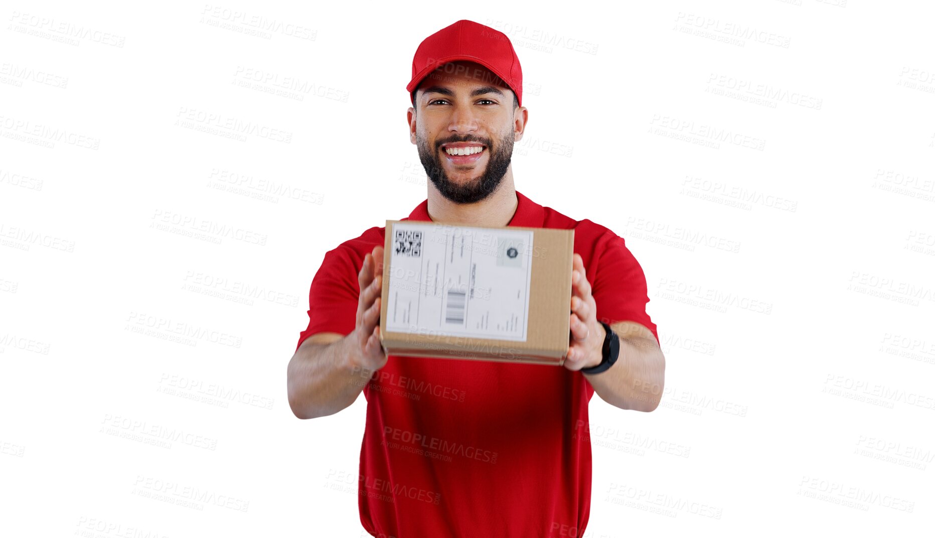 Buy stock photo Happy man, portrait and box with delivery for package, transportation or order on a transparent PNG background. Male person or courier guy with smile, hat and parcel for cargo or service in logistics