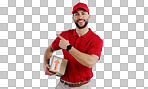 Courier man, box and studio portrait with pointing, smile and happy for delivery, shipping or supply chain. Logistics expert, happy and cardboard package for commercial job with product by background