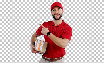Buy stock photo Happy man, portrait and pointing with box for delivery, advertising or marketing in logistics on a transparent PNG background. Male person or courier guy with smile, hat and showing deal or service