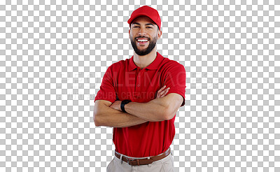 Buy stock photo Portrait, happy and delivery man in confidence for transportation, order or logistics on a transparent PNG background. Male person, professional or courier guy with smile, hat and arms crossed