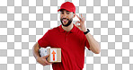 Portrait, man and box with okay sign on studio for delivery, logistics and mockup for package on white background. Male model, worker or courier with gesture in Mexico for good, choice or decision