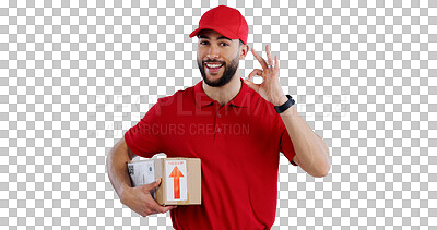 Buy stock photo Happy man, portrait and delivery with box, OK sign or yes for transportation, order or logistics on a transparent PNG background. Young male person or courier guy with like emoji, parcel or package