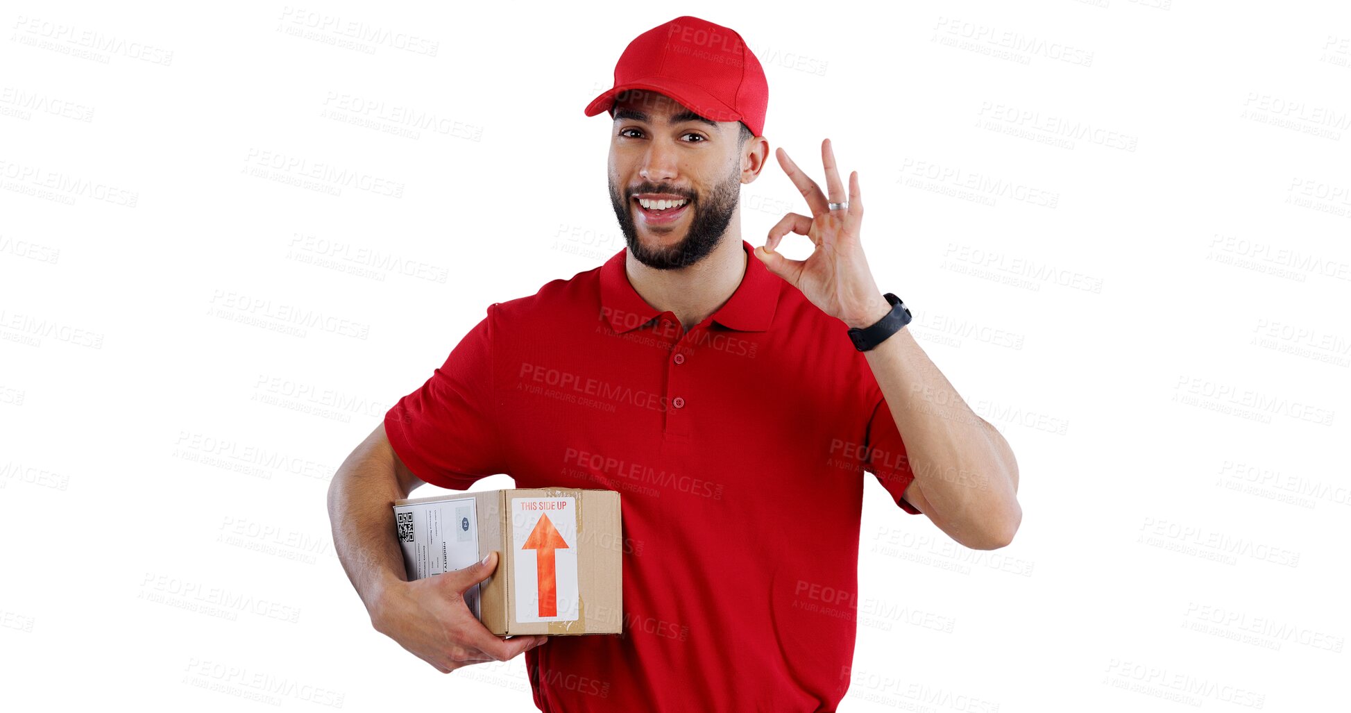 Buy stock photo Happy man, portrait and delivery with box, OK sign or yes for transportation, order or logistics on a transparent PNG background. Young male person or courier guy with like emoji, parcel or package