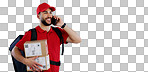 Delivery man, phone call and box in studio, space and mockup in talk for location, info or supply chain by background. Courier, smartphone and backpack with cardboard package, product and promotion