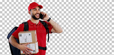 Buy stock photo Happy man, phone call and delivery with box in discussion for logistics on a transparent PNG background. Male person or courier guy talking on mobile smartphone for parcel, package or online order