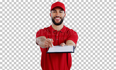 Buy stock photo Happy man, portrait and signature with clipboard for delivery, checklist or online order on a transparent PNG background. Male person or courier guy handing paperwork or document for shipping service