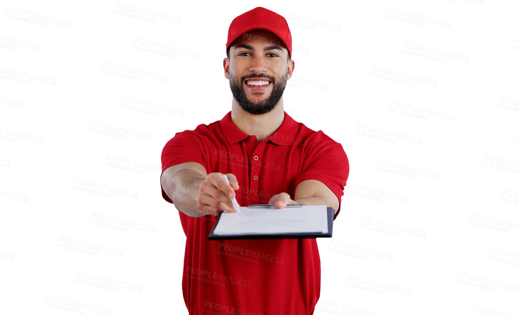 Buy stock photo Happy man, portrait and signature with clipboard for delivery, checklist or online order on a transparent PNG background. Male person or courier guy handing paperwork or document for shipping service