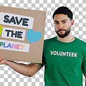 Volunteer man, poster and studio portrait to save the planet in global ...