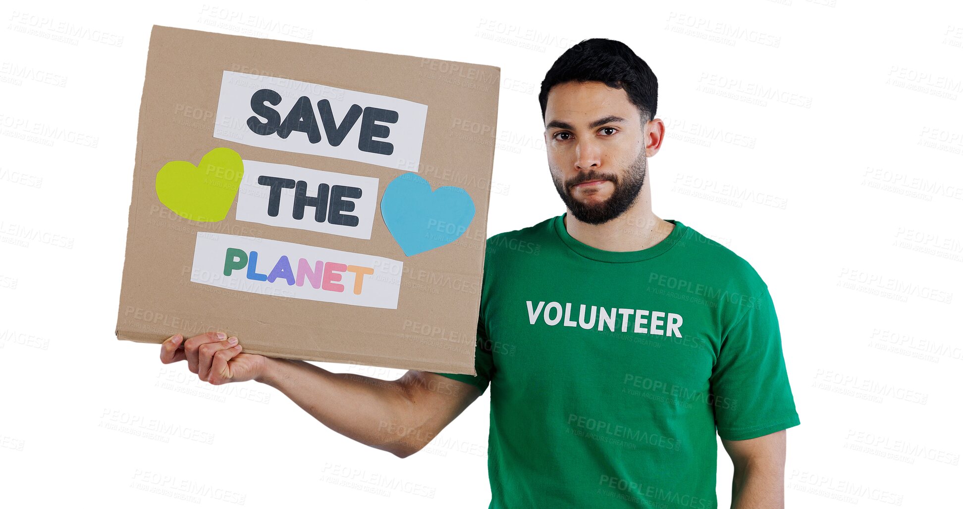 Buy stock photo Man, portrait and poster to save the planet, future or eco friendly environment on a transparent PNG background. Young male person or volunteer with banner or sign for earth day, world or economy