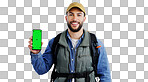 Happy man, backpack and phone green screen on mockup or hiking app against a studio background. Portrait of male person or hiker smile with bag and showing mobile smartphone display or travel tips